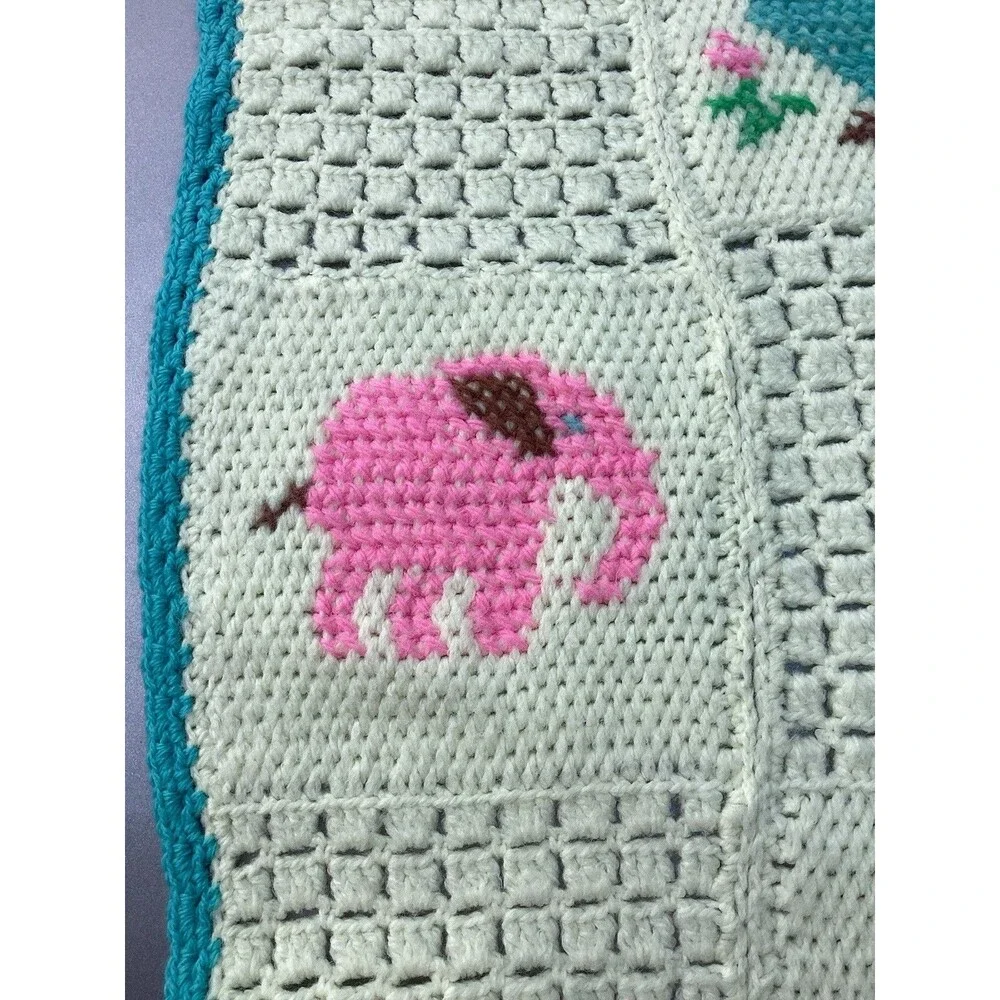 Vintage Crochet Baby Blanket Afghan Throw White Blocks Squares Animals Handmade
